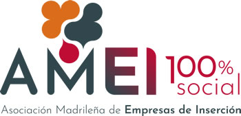 Logotipo AMEI. 100% social. Asociación madrileña de Empresas de inserción